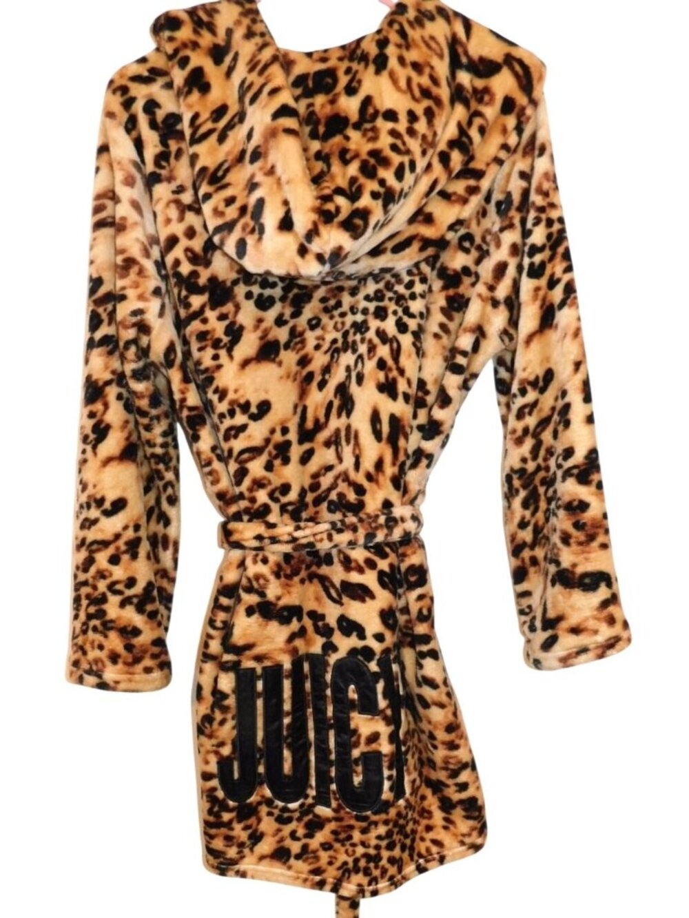 Juicy by Juicy Couture L XL Leopard Plush Hooded Robe Belted Y2K Cozy Lounge